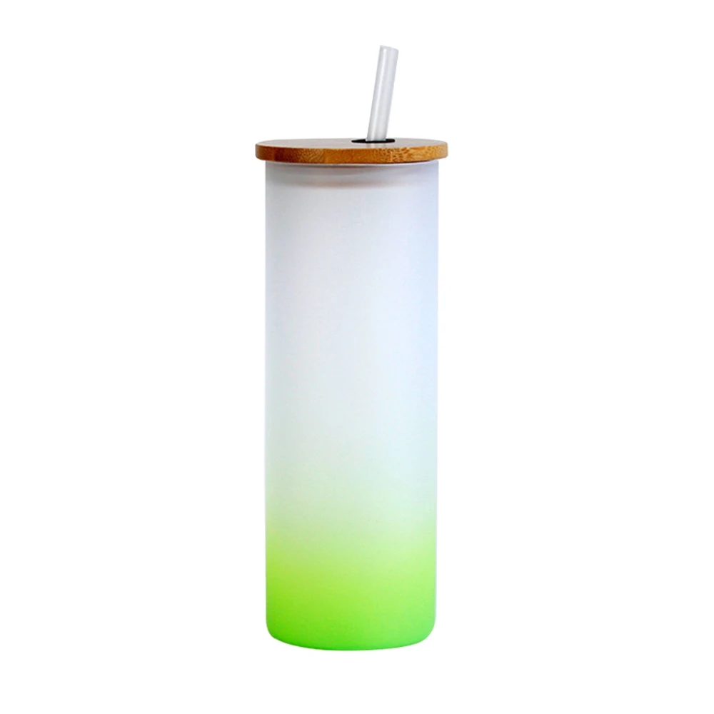 Blank 18oz / 25oz Straight Tumbler with Bamboo Cover Color Gradient Frosted Glass Mug Sublimation Soda Glass with Straw