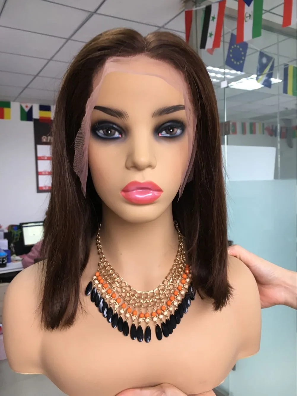 
100% virgin human hair remy pre-plucked brown color lace frontal bob wig 