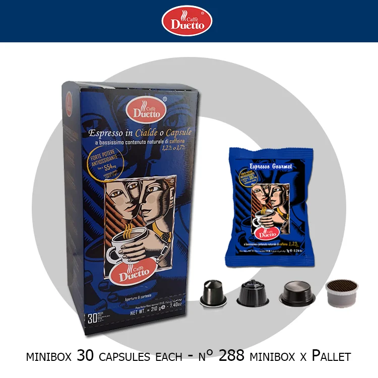 MINI-BOX 30FAP/LAVAZZA ESPRESSO POINT* COMPATIBLE CAPSULES. Duetto Gourmet Mild Coffee: 1,2%Caffeine,367mg/7g Antioxidants.