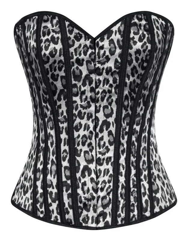 Overbust Steelboned Digital Printed Sublimated Leopard Print Satin Corset With Black Satin Boning And Trim