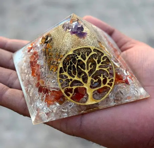 Orgone Pyramid Clear Crystal stone Red Carnelian And crystal quartz Pyramid With Tree Of Life Symbol pyramid for Reiki Healing