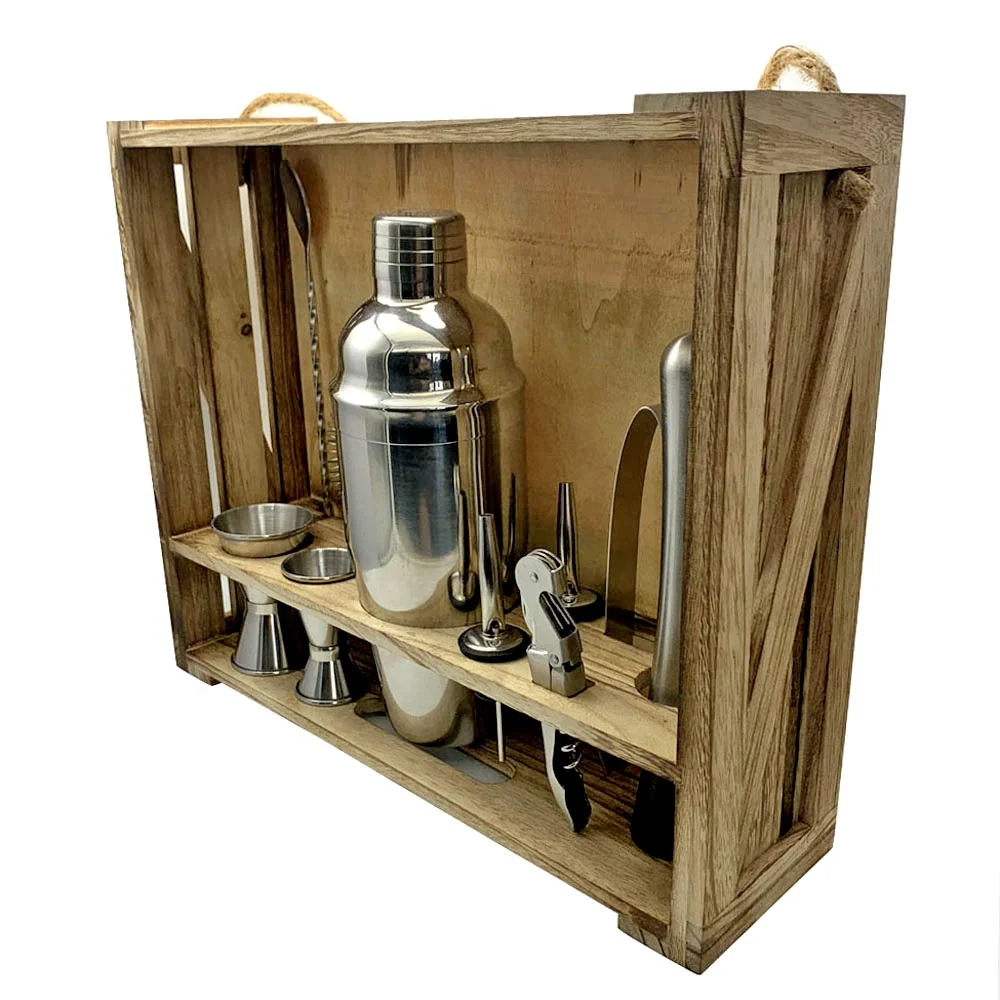 
Amazon Hot Sell Patent 11 pcs Home Bar Food Grade Rustic Wood Rack Stand Mixology Stainless Steel Cocktail Shaker set 