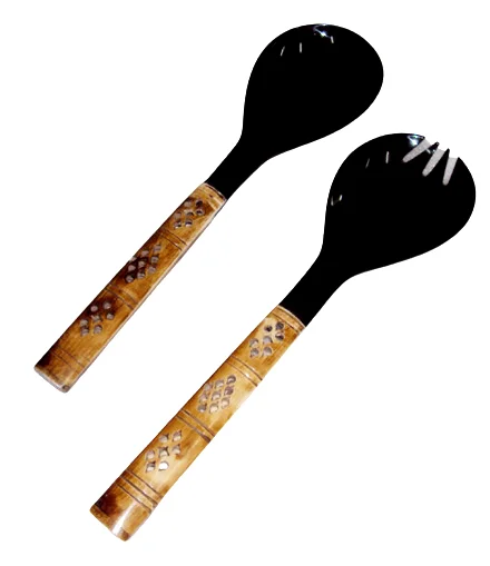 Natural Horn Salad Server With Mother of Pearl Handle 100% Natural Salad Server Set Solid Buffalo horn Fork and Spoon For Fruits