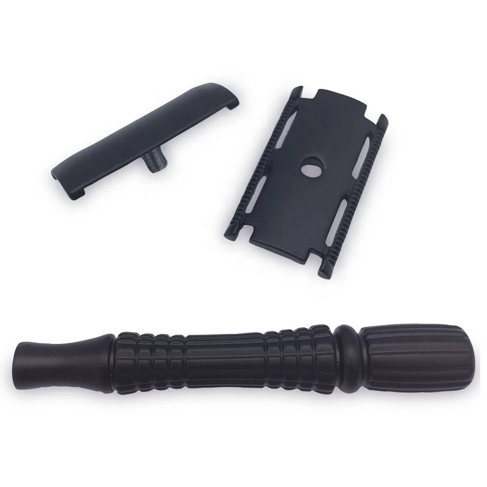 Private label mens straight blades zinc alloy safety razor black shaving safety razor 3 Piece Men Shaving Razor