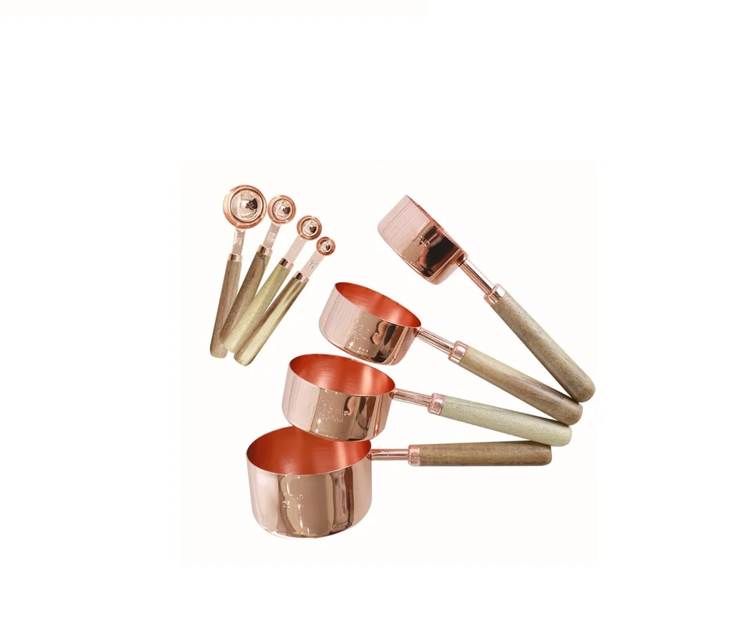 Rose Gold Plated Measurig Cup Set With Wooden Handle New Wooden Measuring Tools For Kitchenware New Design Measuring Cup