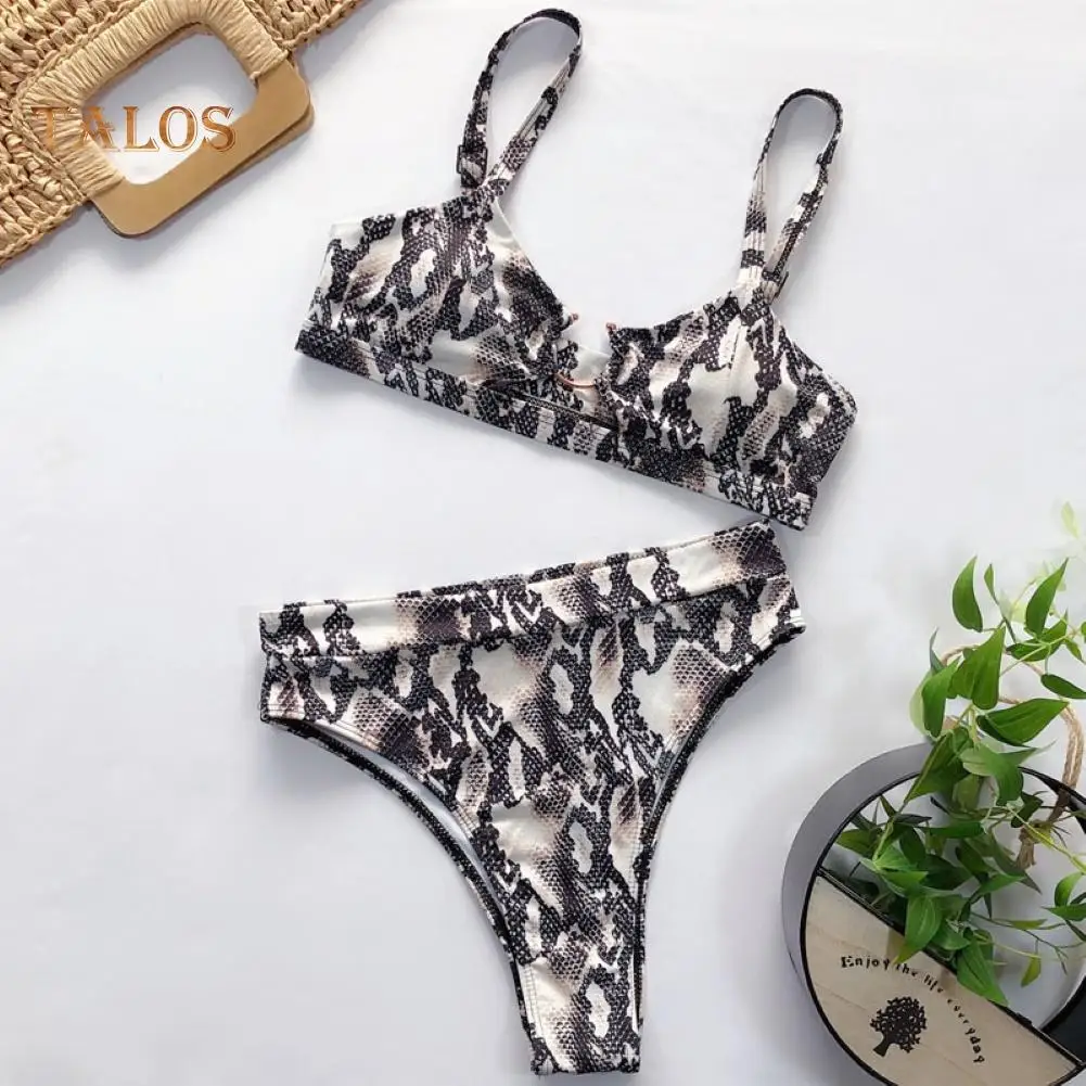 Women Sexy Leopard Snake Print Swimsuit Padded Bra Low Rise Briefs Bikini Set