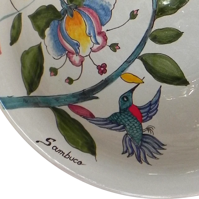 32CM / 12.6IN CERAMIC ROUND BOWL WITH BIRD AND FLOWER HANDMADE IN ITALY