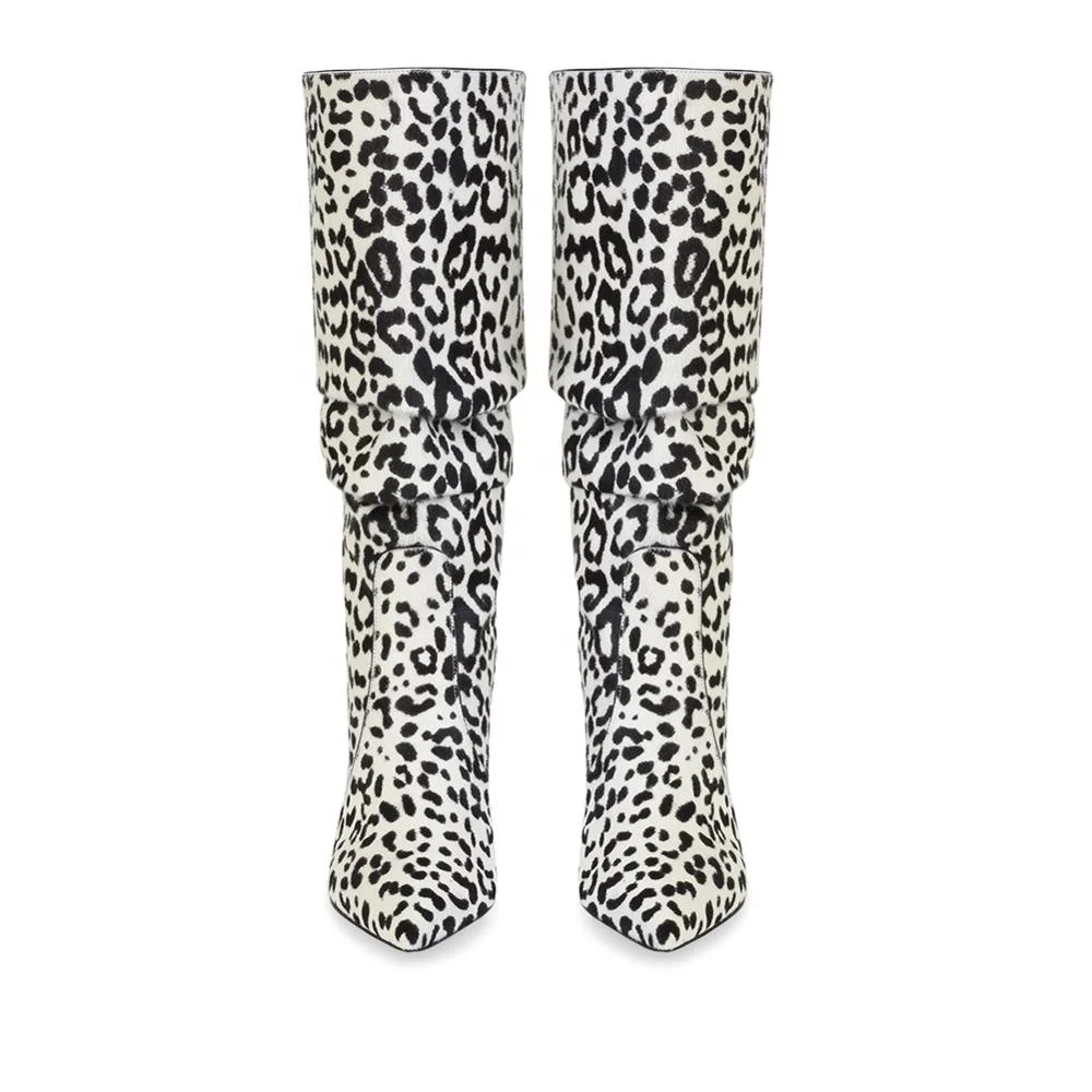 Sexy Womens High Heel Pointed toe Leopard Pony Hair Slouch Knee High Boots
