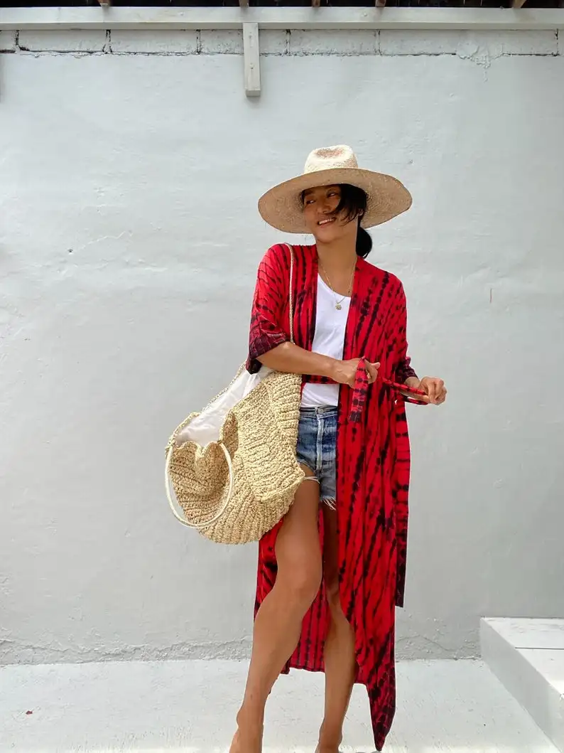 Boho Kimono Long Sleeves Handmade Tie Dye Vacation Summer Maxi Dress Resort Wear Silk Kimono Maxi Wrap Beach Cover Up Dress