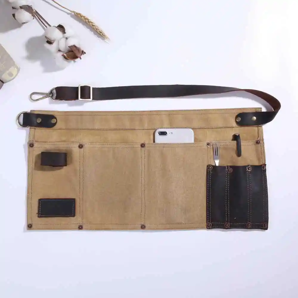 
Multi Pocket Apron for Women Real Leather Canvas Half Apron Pocket Waitress Teacher Vendor Utility Server Cosmetic Bib 