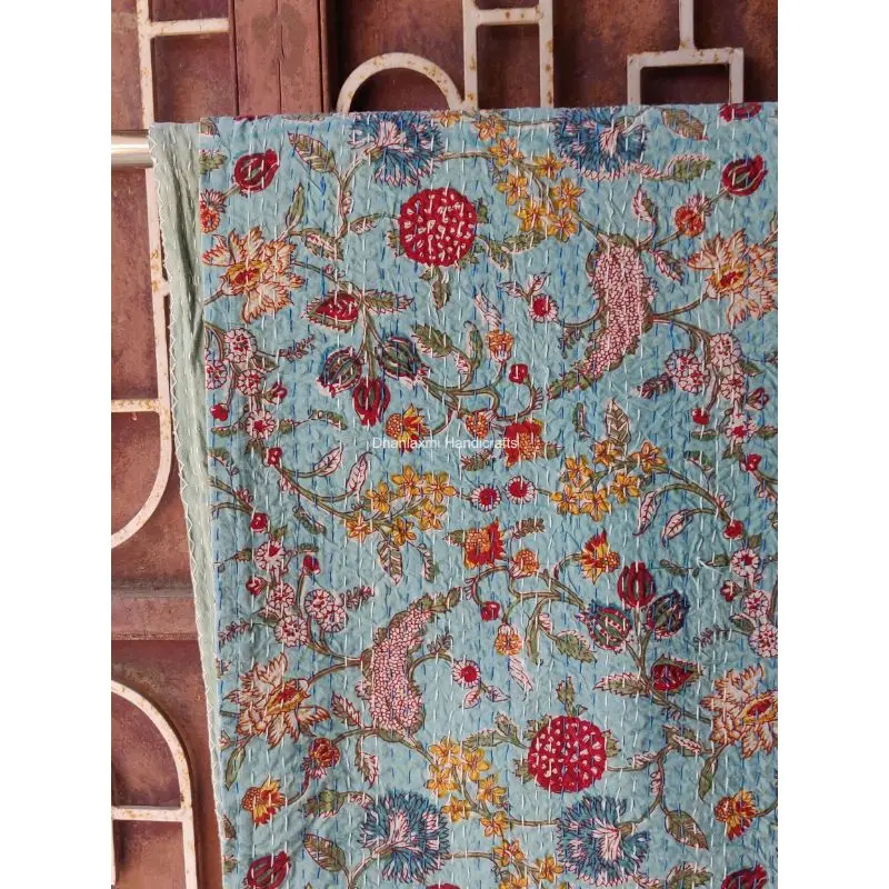 New Indian Sky Blue Floral Hand Block Print Cotton Kantha Quilt Indian Handmade Beautiful Floral Wholesale Kantha Bedspread