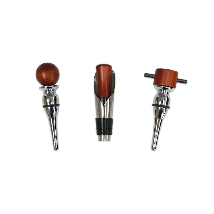Amazon product 3pcs Wooden Top Wine Bottle Stopper Wine Kits Set with Acrylic rack