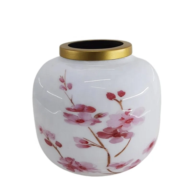 Wholesale Table Top Decoration Iron Flower Vase Bird Sticker Enamil And Gold Colour Large Size Flower Pot For Home Decor