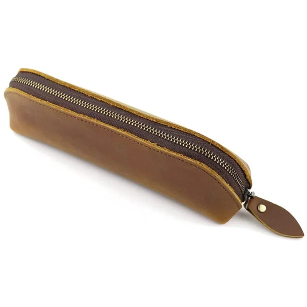 Newest Crazy Horse Skin Pencil Case Retro Zipper Pen Case Stationery Pen Leather Case Business Office