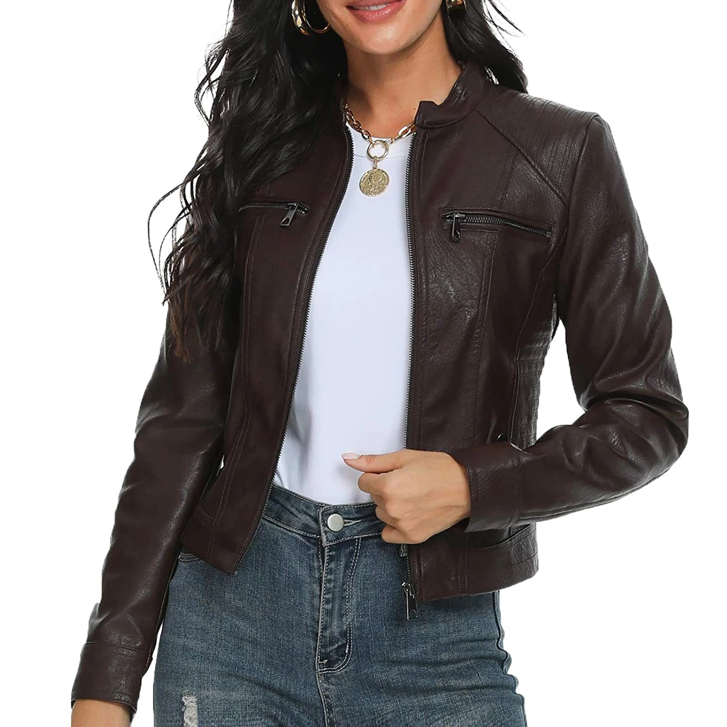 Оптовая продажа низкая цена модные кожаные байкерские Классические Куртки-бомберы с карманами на молнии для женщин большое количество