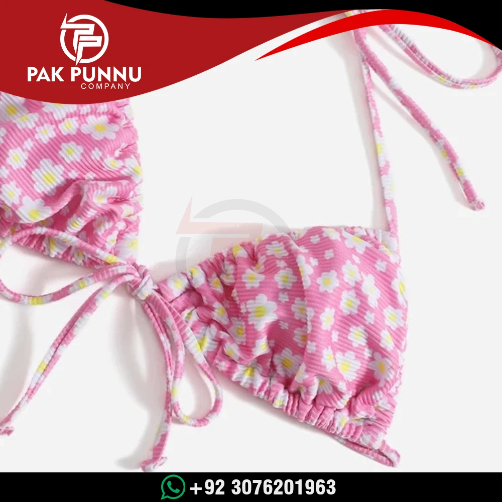 Ditsy Floral Halter Tie Side Bikini Swimsuit / Cute Pink Ditsy Floral Tie Side Thong Removable Padding Bikini Swimsuit For Women