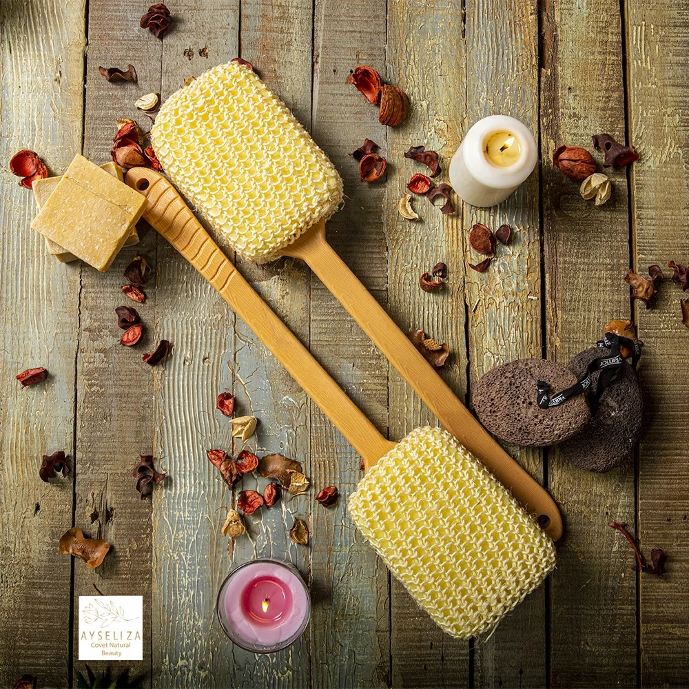 Turkish Sisal Bath Sponge With Long Handle Back Scrubber Quality Hemp Loofah All Natural Bath Sponge