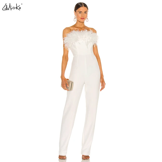 Лидер продаж женский комбинезон LiMioKe019 INS без бретелек с перьями белый корсет топ сексуальный цельный элегантная осенняя одежда для женщин
