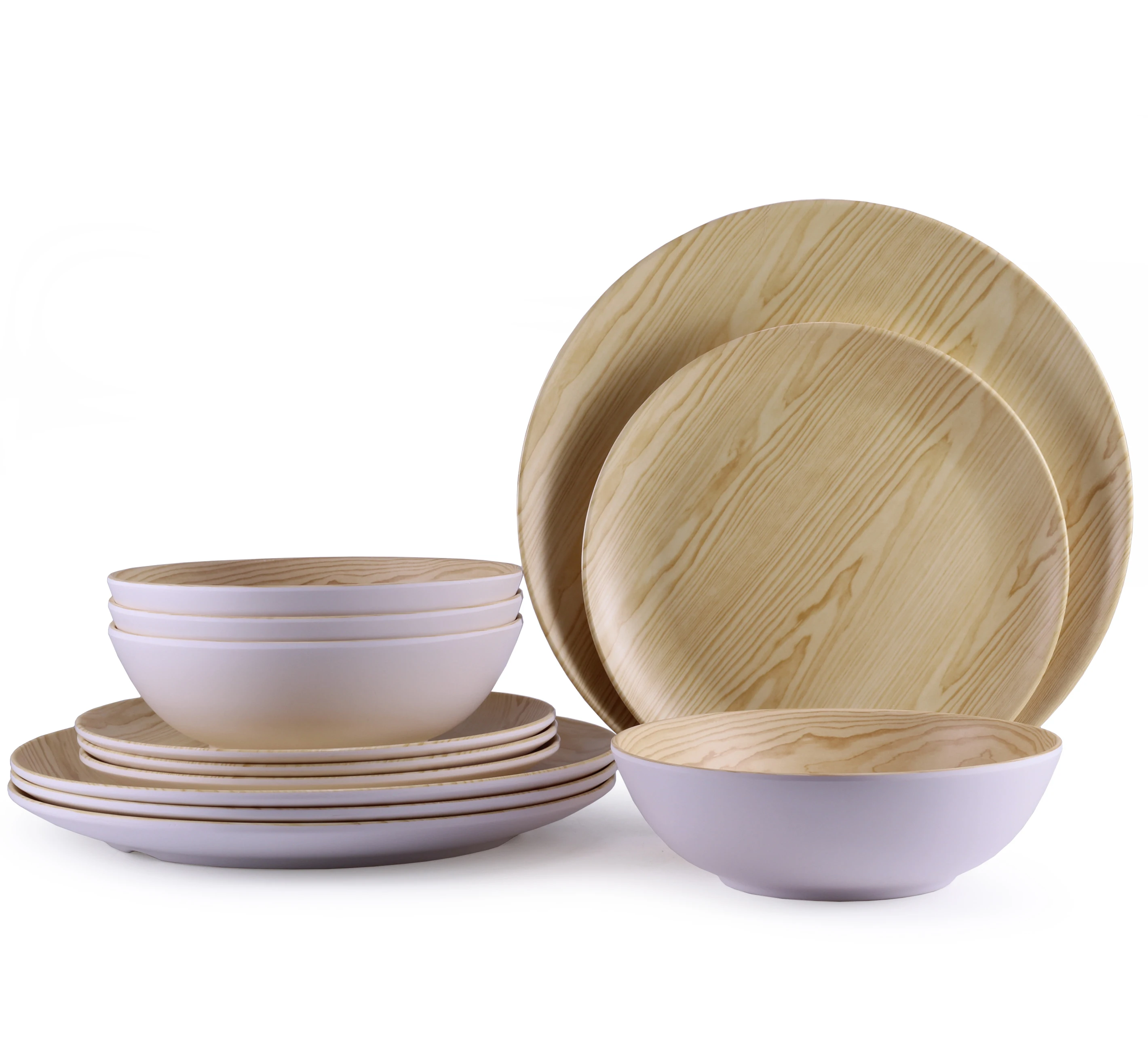 Wooden Grain Melamine Dinner set 12 PC set Dinner Plate, Dessert Plate and Cereal Bowl