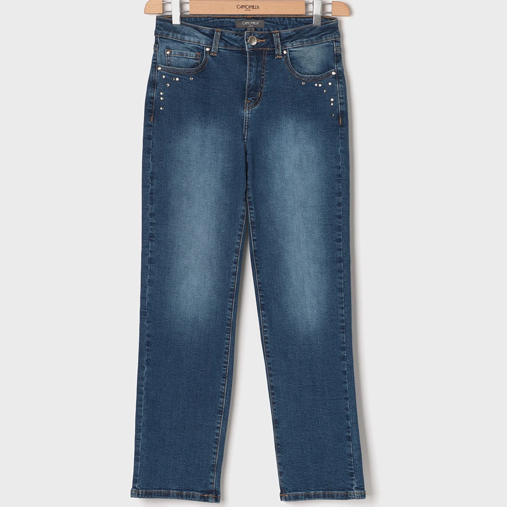 Тонкая джинсовая ткань с пятью карманами | Вышивка и гвоздики с цветным рисунком табака | Женская мода