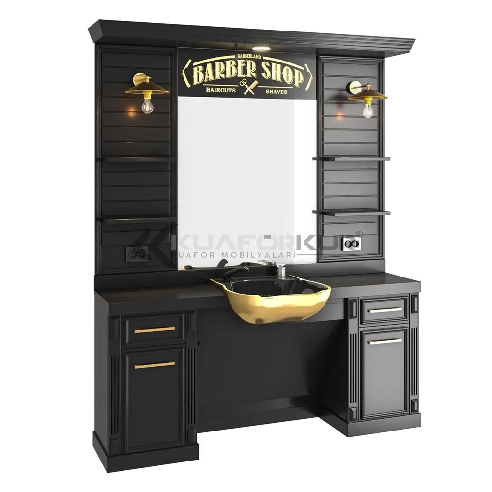 Wholesale Black Gold Barber Station Mirror Strong MDF-Wood Special Gold Sink Spot Sconce Light Barber Station Mirror