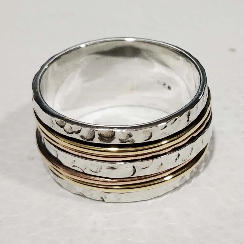 Mix Metal Spinner Ring Design Meditation Fidget Spinning Band Handmade 925 Sterling Silver Spinner Ring