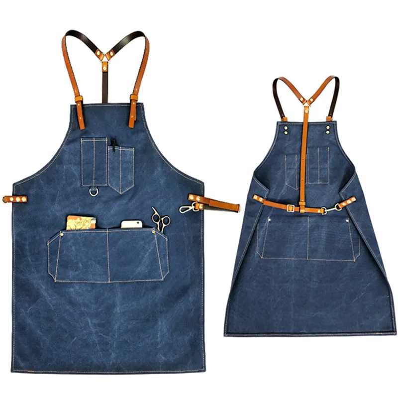 Hign Quality Aprons with logo BBQ Denim Barber Apron with Genuine Leather Straps