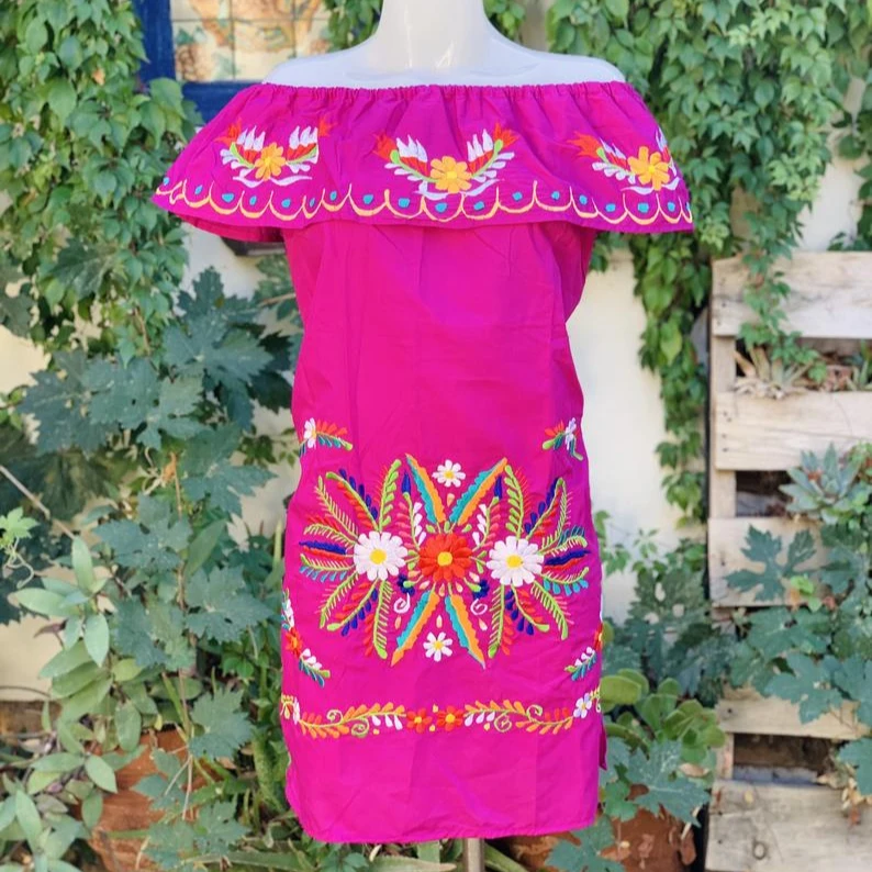 Women Trendy Ethnic Clothing 2020 Vintage Mexican Floral Embroidered Maxi Dress