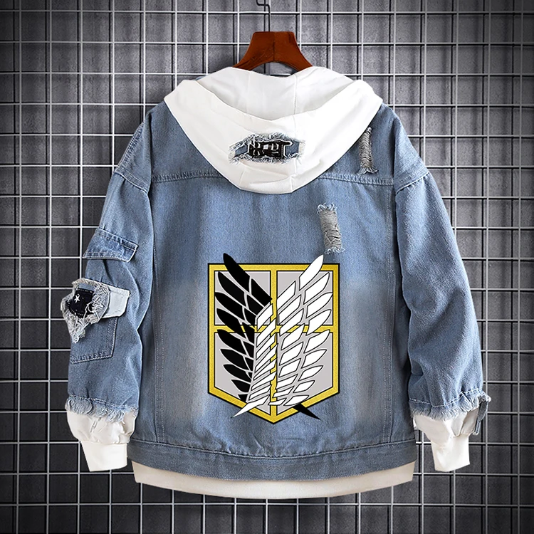 Attack on Titan Hooded Jacket Anime Print Denim Jacket Wholesale Blue Denim Jacket