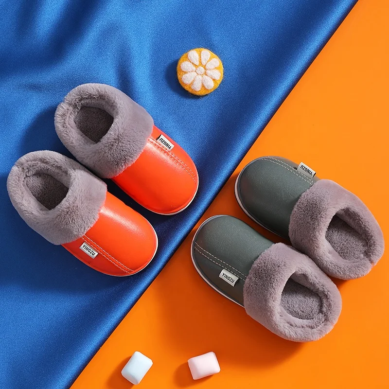 2021 Hot-Selling Pu Leather Warm Fashion Waterproof  Dirt-Resistant Home Indoor Cotton Slippers For Children