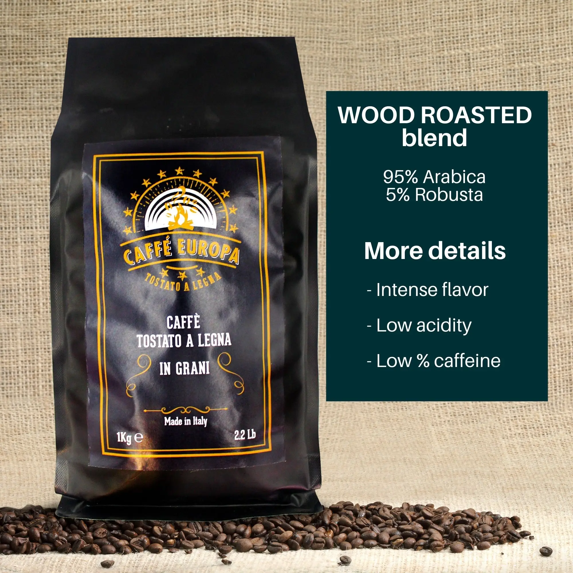 Wood Roasted High Quality Coffee Beans Caffe Europa in Aroma Saving Case 95% Arabica 5% Robusta Blend 1Kg