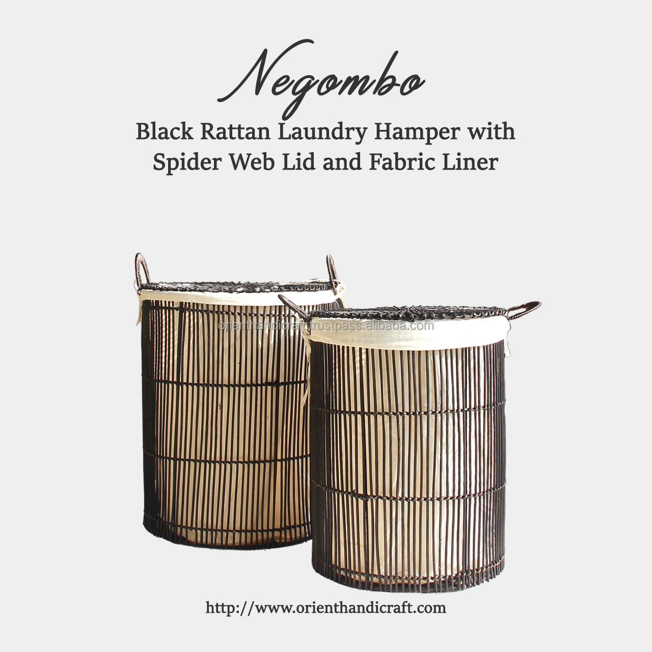 NEGOMBO Black Rattan Laundry Hamper with Spider Web Lid and Fabric Liner Modern Farmhouse (set of 2)