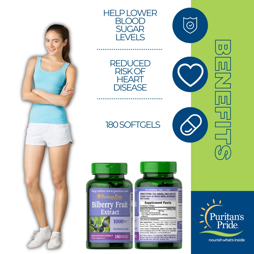 Wholesale Puritans Pride Bilberry 1000 mg180 Softgels Antioxidant Flavonoids USA Made International Supplements Distributor