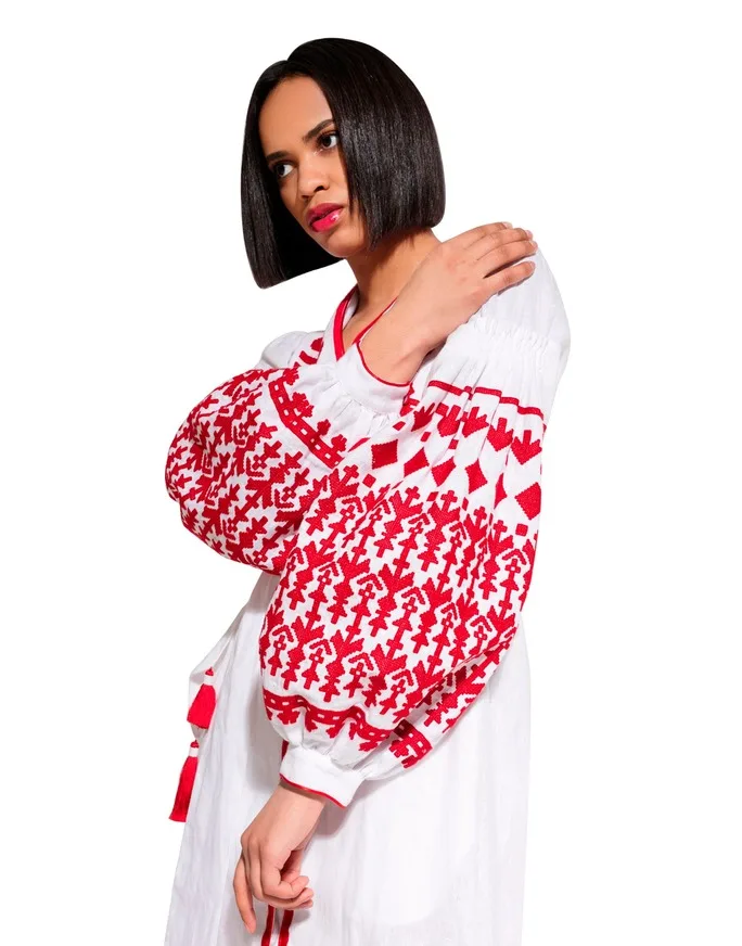 New Fashion Wholesale vintage look  white ukrainian Dress with red embroidery with tassel full sleeve long maxi dress
