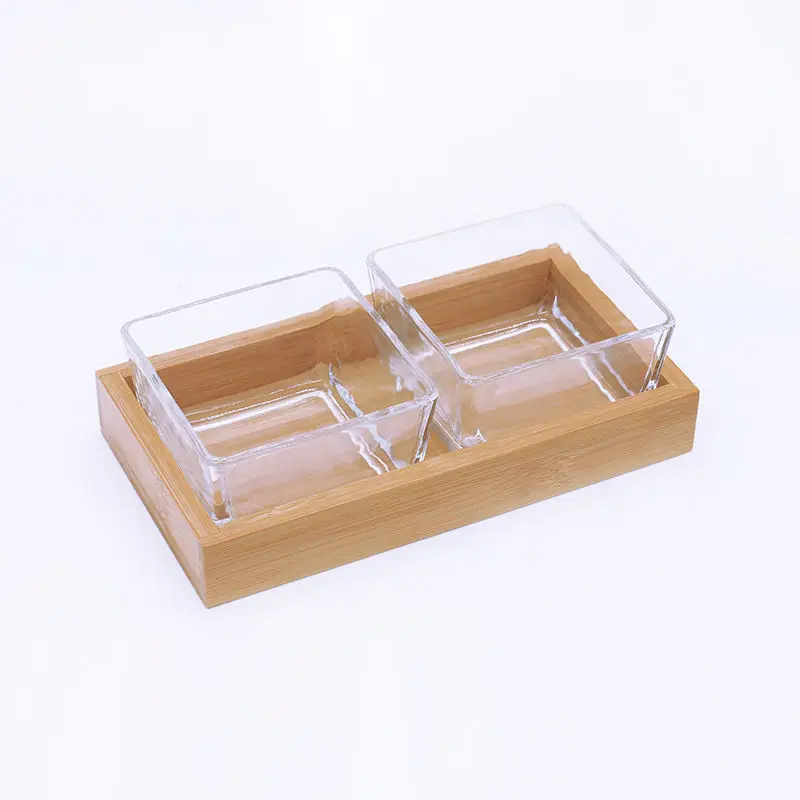 Sauce Dish Square Soy Sauce Dipping Bowls with Bamboo Tray Glass Dip Bowls for Snack Ketchup Condiments Dessert Fruit Bowls
