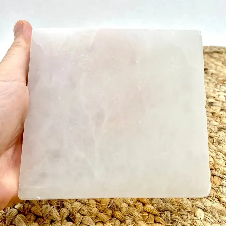 Beautiful Polished Crystal Selenite Charging Plate Square Shape Heart Etching Carved Technique Meditation Inspired Pyramid Stone