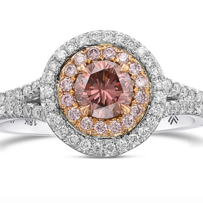 0.87 Carats Fancy Deep Brownish Orange Pink Round Cut Double Halo Diamond 18K Gold Ring Real Gems