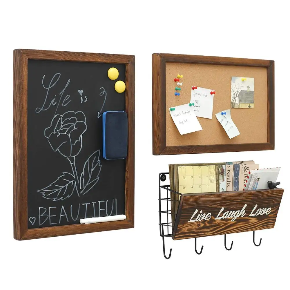 Rustic Hanging  Cork Board  Mail Sorters chalkboard with Key Hooks
