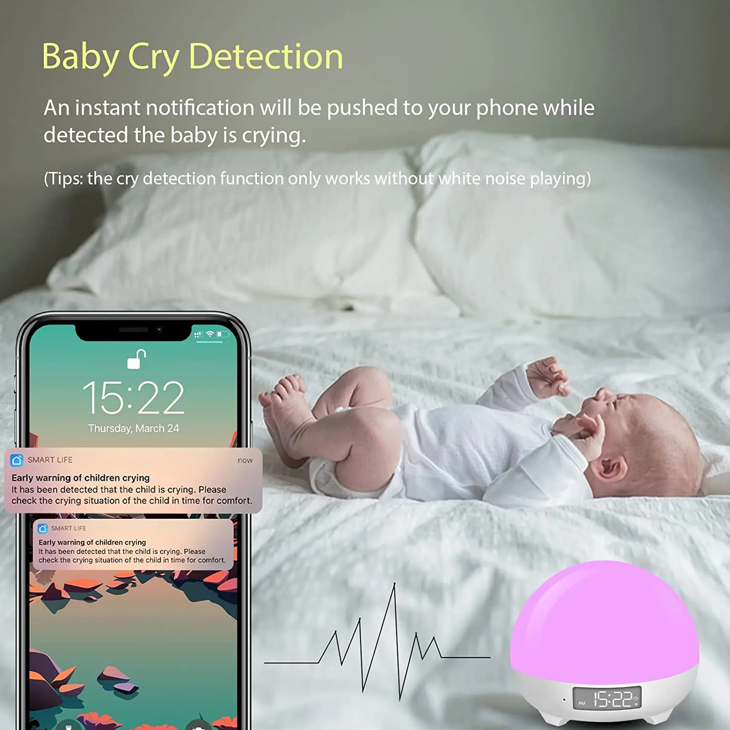 Alarm Clock Temperature Detection WiFi Baby Crying Detection Sound Machine with Night Light Smart White Noise Sound Machine