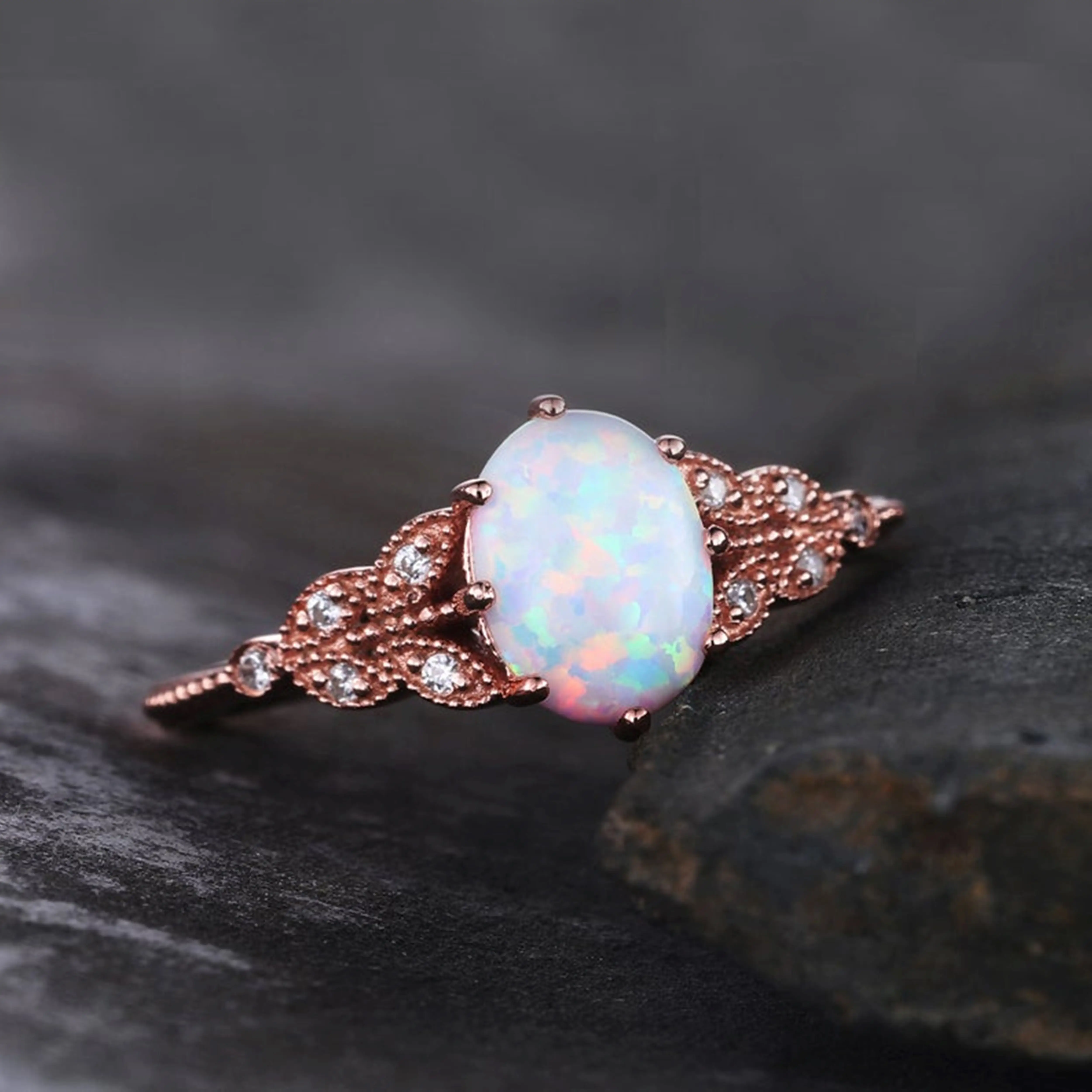 Белый опал обручальное кольцо в стиле арт-деко опал обручальное Золотое кольцо с над серебро сплошной для женщин Овальный бриллиантовая огранка ручной работы, ювелирное изделие, подарок