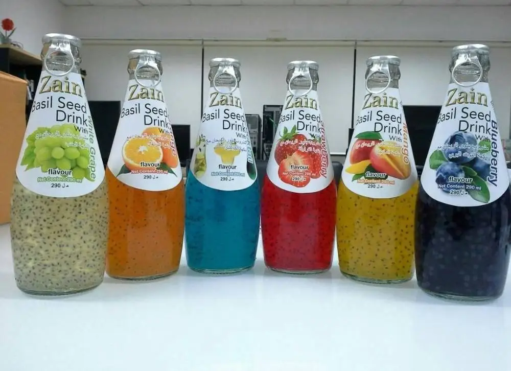 Стерилизованные семена зиина базилика и напиток из семян зиина Чиа с фруктами, ароматы из Таиланда, стерилизующий реторт на стеклянной бутылке