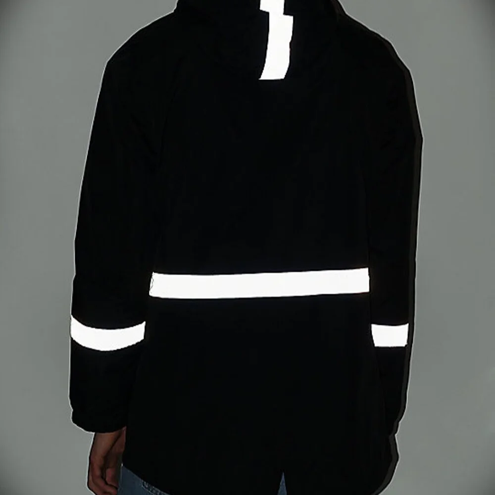 custom windbreaker high visibility men street wear Black with white reflective tape zipper
