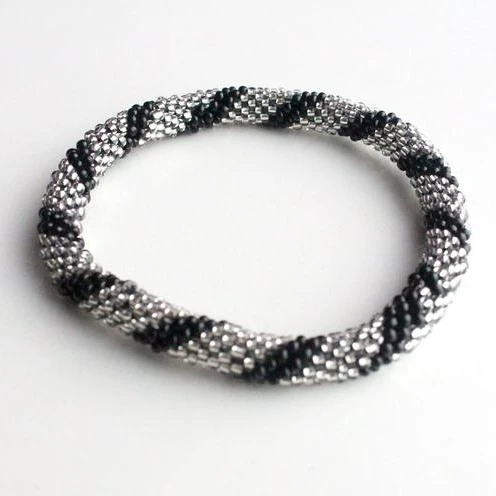 
Dark Black Silver Roll Beads Adjustable Bracelet 