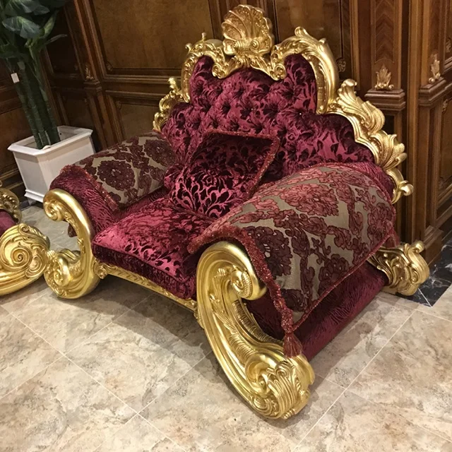 Red Gilded Grand Sofa, Baroque Style Milan Sofa Sets Large Sofa, Velvet Luxurious Royal Gilded Gold Leaf 24K Living Room Sofa