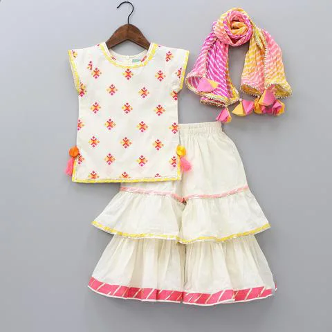 White Multicolour Bootie Kurti And Sharara With Dupatta Multicolour Thread Embroidery Layered Sharara Frills And Lace Attached