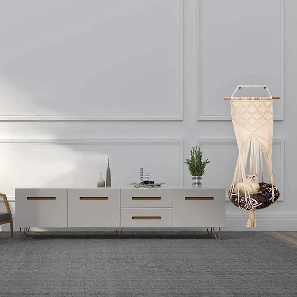 Macrame Hanging Swing Cat Bed with Hanging Kit for Indoor Cats