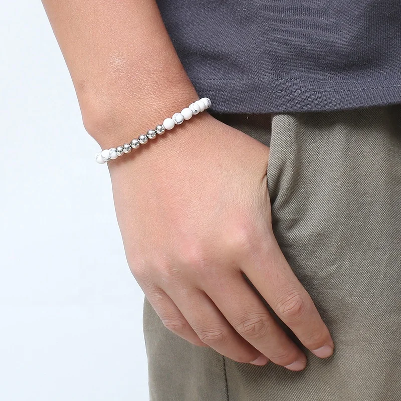 Dr.Jewelry 2022 New High Quality Stainless Steel Beads White Pine Stone Bead Bracelet Crystal Elastic Bracelet Men Women Jewelry