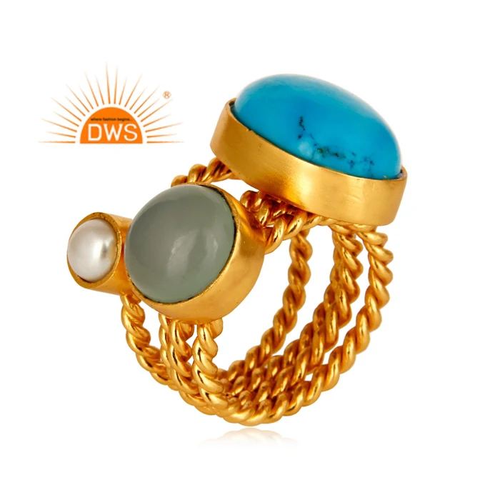 Turquoise, Blue Chalcedony And White Pearl Gold Vermeil Twisted Ring 3 Pieces Set Fashion Brass Ring