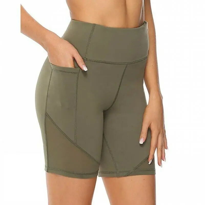 Women Sports Yoga Shorts with mobile Pocket High Waist Compression shorts base layer Slim Fit Tight Pants for women on wholesale