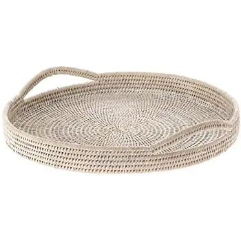 Vintage round rattan tray handmade custom color versalite rattan round serving tray with handles